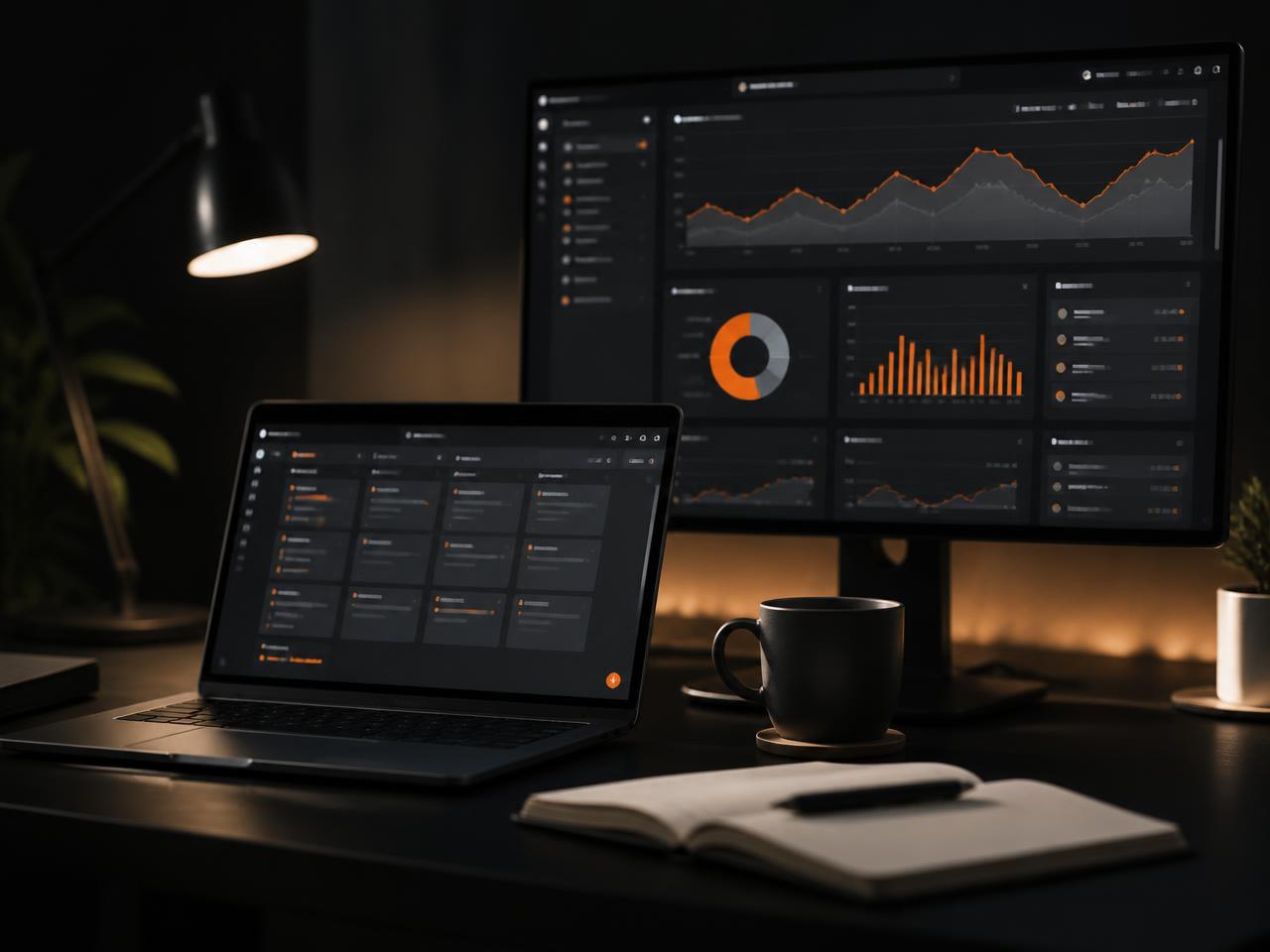 Paneles de reportes automatizados y tablero CRM en modo oscuro